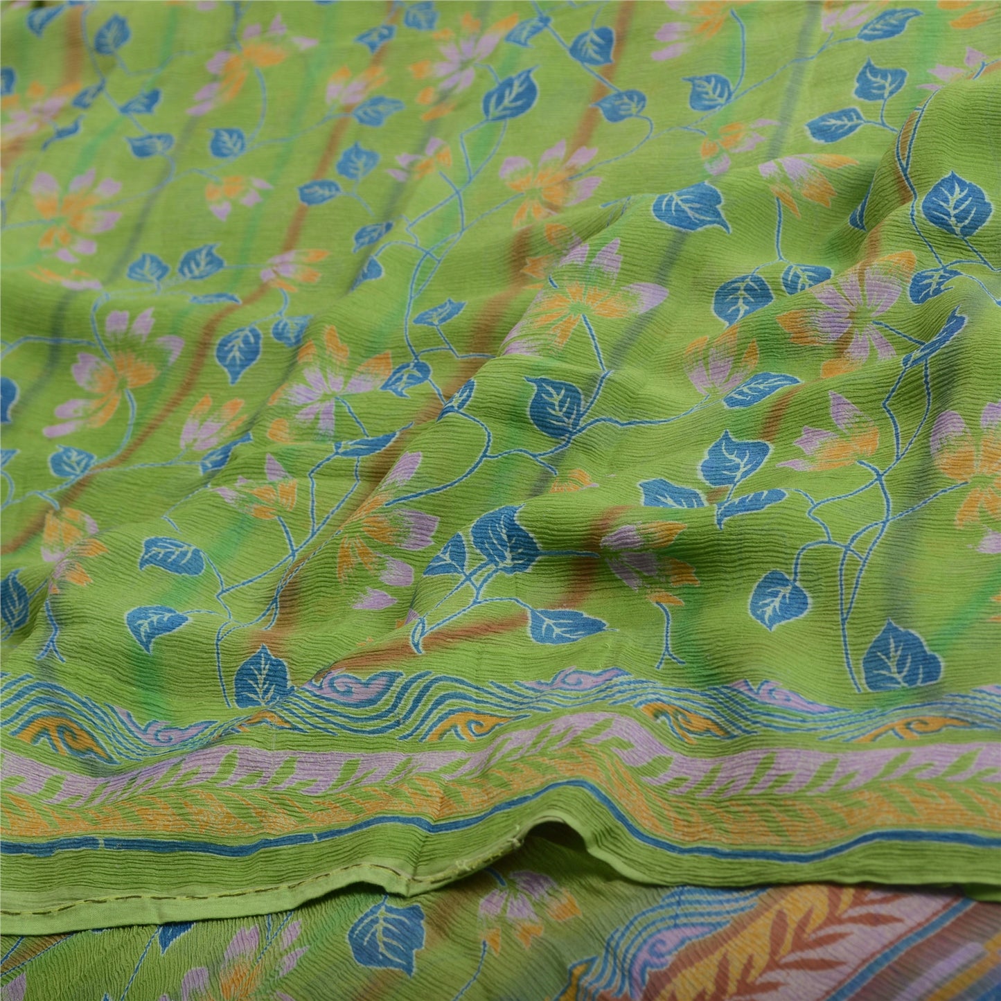 Sanskriti Vintage Grønne Ren Chiffon Silke Sarier Trykt Sari 5yd Håndværk Bæredygtigt Stoff