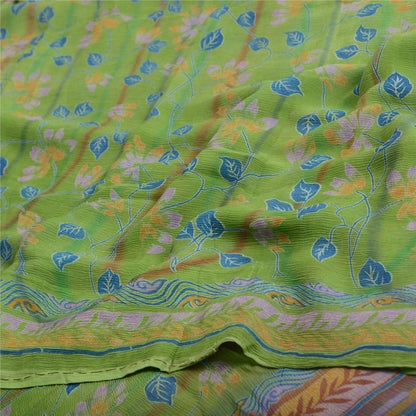 Sanskriti Vintage Grønne Ren Chiffon Silke Sarier Trykt Sari 5yd Håndværk Bæredygtigt Stoff