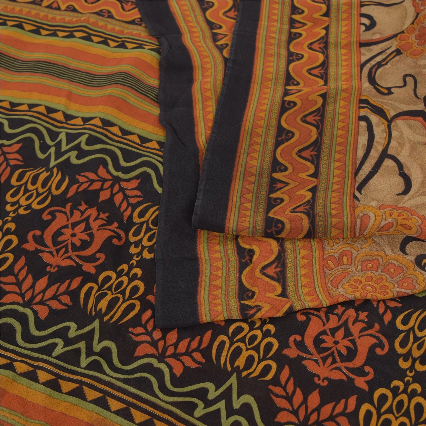 Sanskriti Vintage 100% Pure Georgette Silk  Orange Printed Sarees 5 Yd Craft Fabric Recycled For Quilting Felting, Home Decor