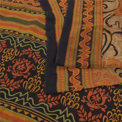 Sanskriti Vintage 100% Pure Georgette Silk  Orange Printed Sarees 5 Yd Craft Fabric Recycled For Quilting Felting, Home Decor