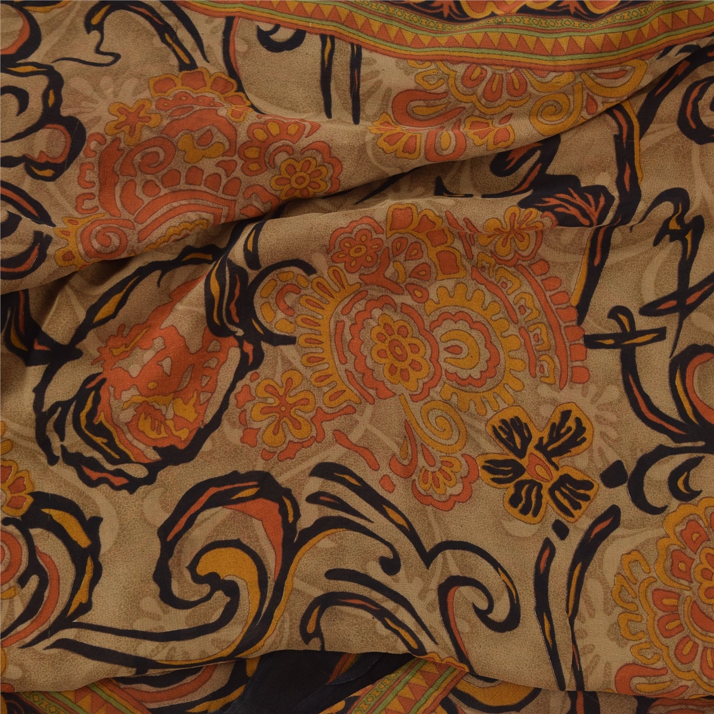Sanskriti Vintage 100% Pure Georgette Silk  Orange Printed Sarees 5 Yd Craft Fabric Recycled For Quilting Felting, Home Decor