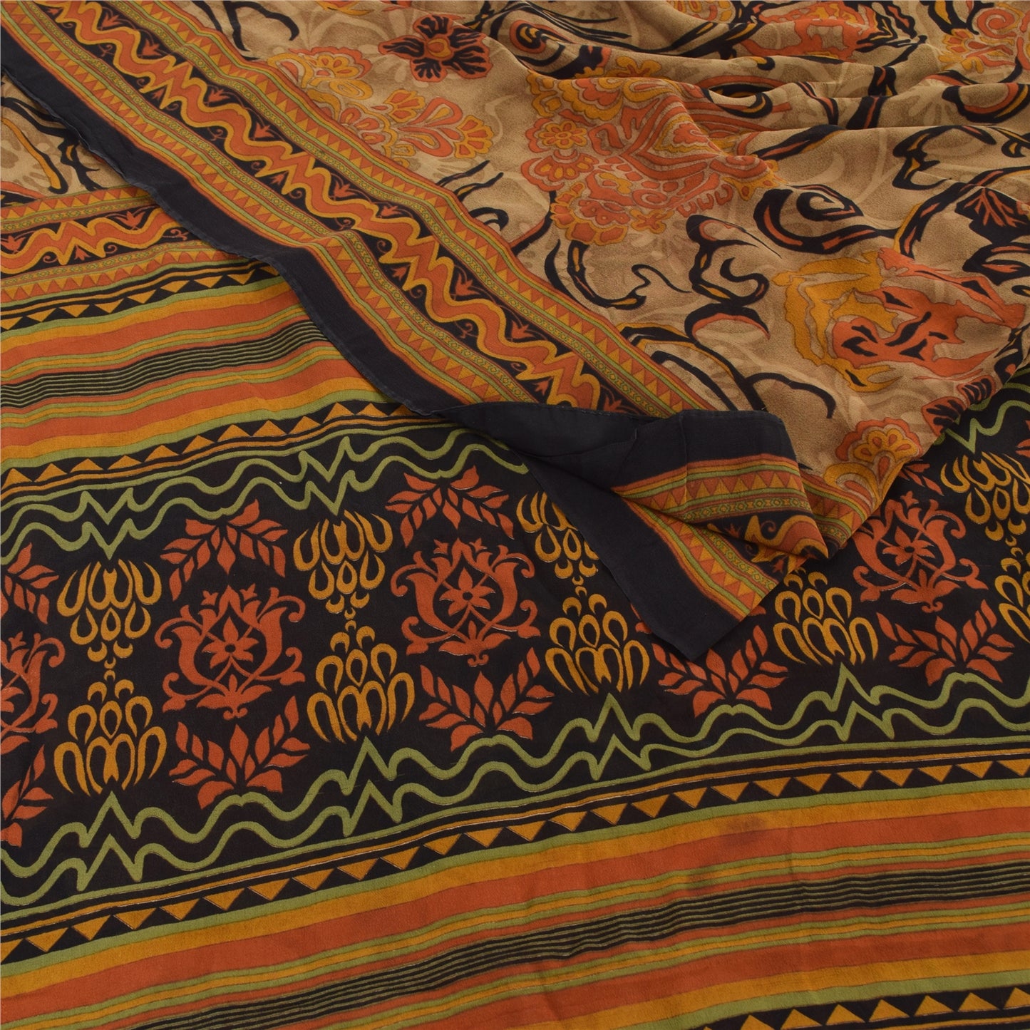 Sanskriti Vintage 100% Pure Georgette Silk  Orange Printed Sarees 5 Yd Craft Fabric Recycled For Quilting Felting, Home Decor