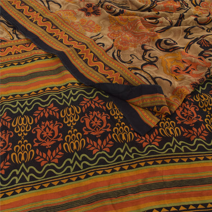 Sanskriti Vintage 100% Pure Georgette Silk  Orange Printed Sarees 5 Yd Craft Fabric Recycled For Quilting Felting, Home Decor