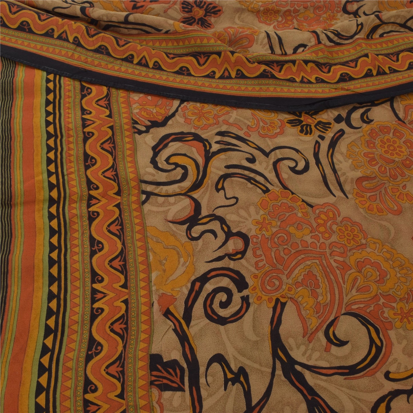Sanskriti Vintage 100% Pure Georgette Silk  Orange Printed Sarees 5 Yd Craft Fabric Recycled For Quilting Felting, Home Decor