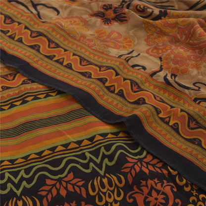 Sanskriti Vintage 100% Pure Georgette Silk  Orange Printed Sarees 5 Yd Craft Fabric Recycled For Quilting Felting, Home Decor