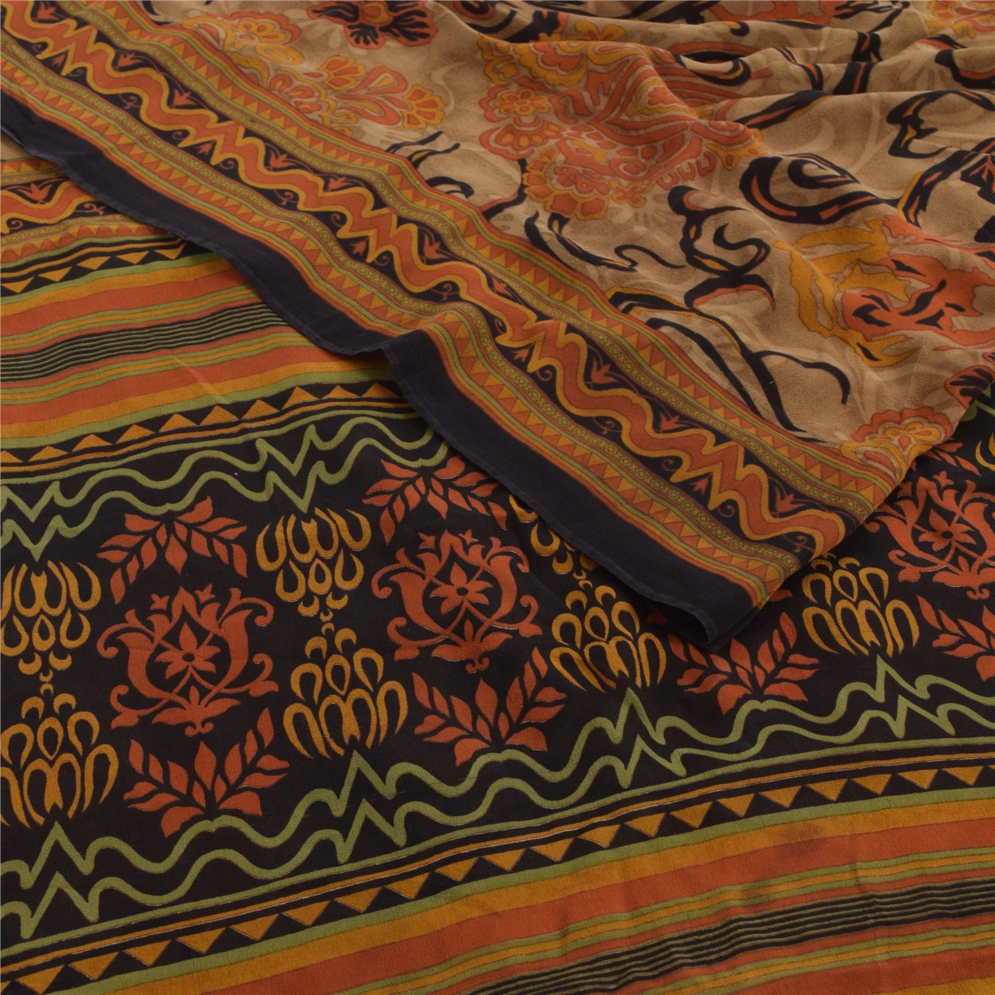Sanskriti Vintage 100% Pure Georgette Silk  Orange Printed Sarees 5 Yd Craft Fabric Recycled For Quilting Felting, Home Decor