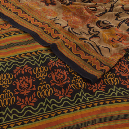 Sanskriti Vintage 100% Pure Georgette Silk  Orange Printed Sarees 5 Yd Craft Fabric Recycled For Quilting Felting, Home Decor