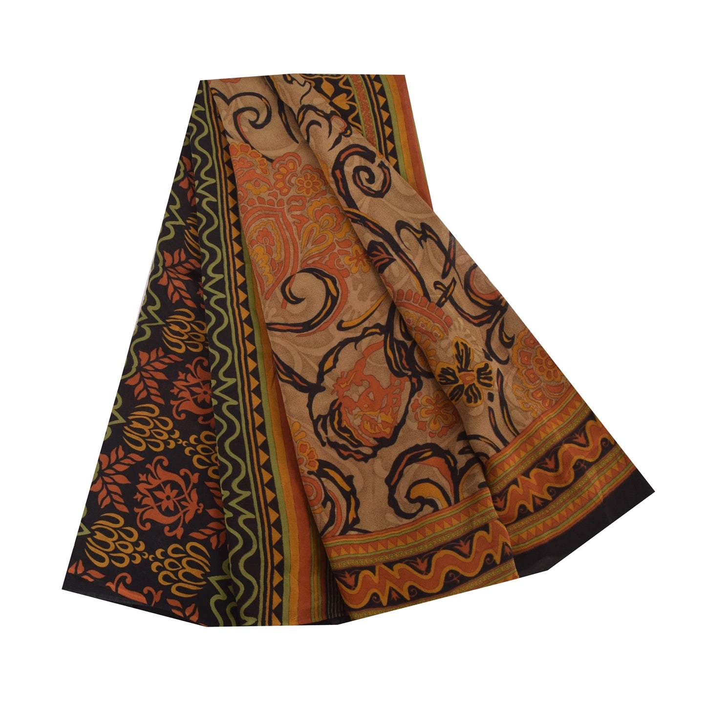 Sanskriti Vintage 100% Pure Georgette Silk  Orange Printed Sarees 5 Yd Craft Fabric Recycled For Quilting Felting, Home Decor