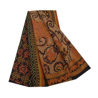 Sanskriti Vintage 100% Pure Georgette Silk  Orange Printed Sarees 5 Yd Craft Fabric Recycled For Quilting Felting, Home Decor