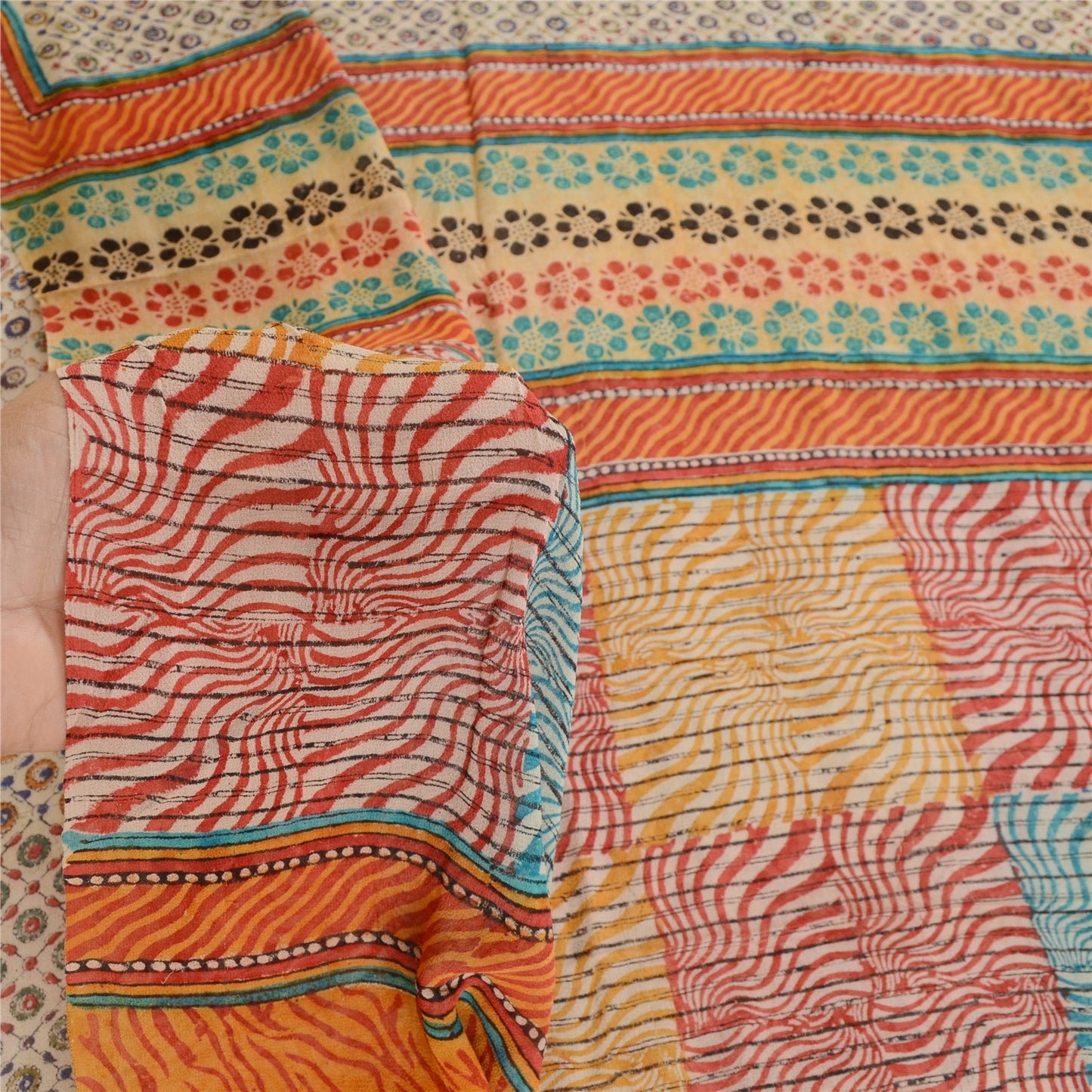 Sanskriti Vintage Multi Sarees Printed Pure Georgette Silk Sari 5yd Craft Sustainable Fabric