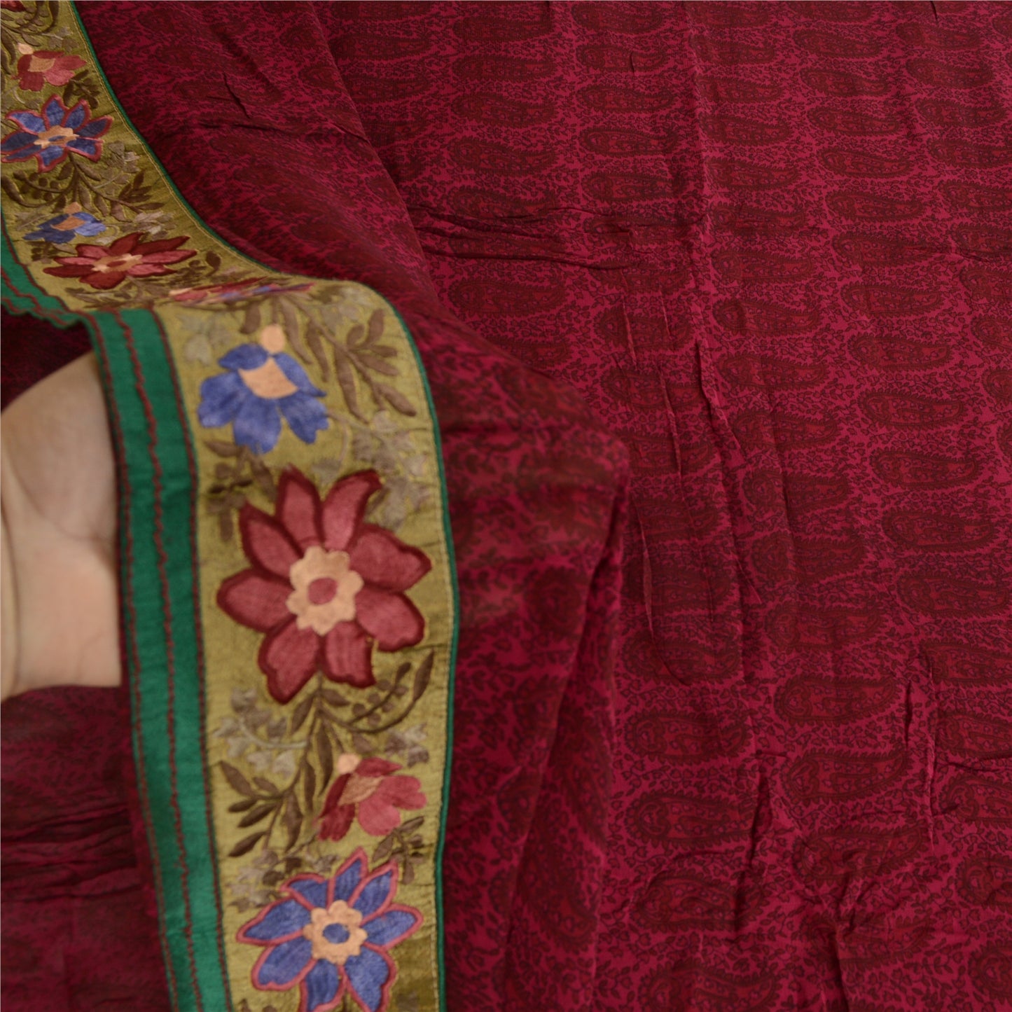 Sanskriti Vintage Dark Pink Sarees Print Patch Work Pure Georgette Sari Fabric