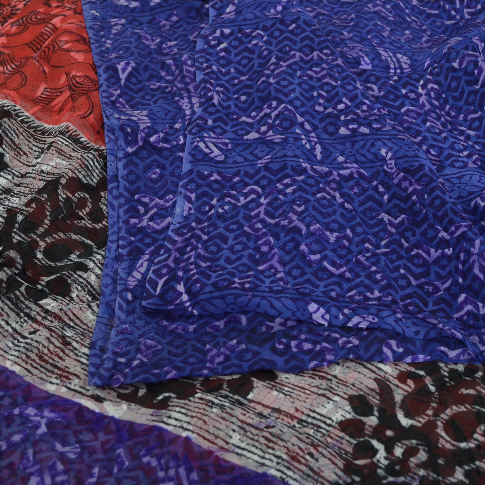 Sanskriti Vintage Red & Blue Sarees Print Pure Georgette Silk Sari Craft Fabric