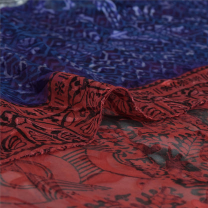 Sanskriti Vintage Red & Blue Sarees Print Pure Georgette Silk Sari Craft Fabric