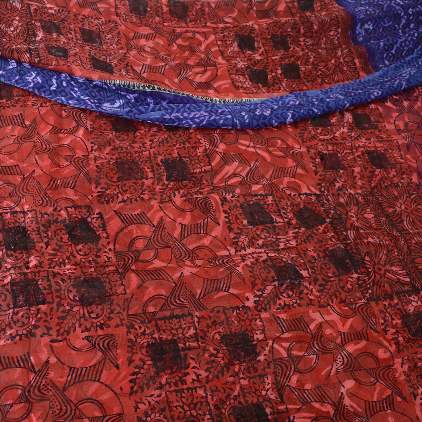Sanskriti Vintage Red & Blue Sarees Print Pure Georgette Silk Sari Craft Fabric