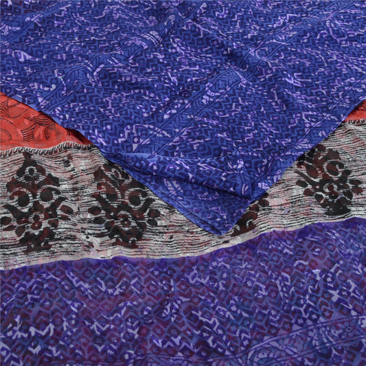 Sanskriti Vintage Red & Blue Sarees Print Pure Georgette Silk Sari Craft Fabric