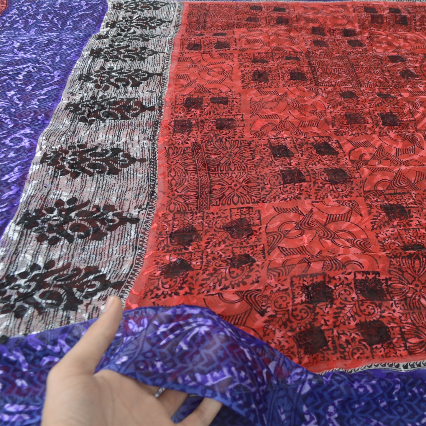 Sanskriti Vintage Red & Blue Sarees Print Pure Georgette Silk Sari Craft Fabric
