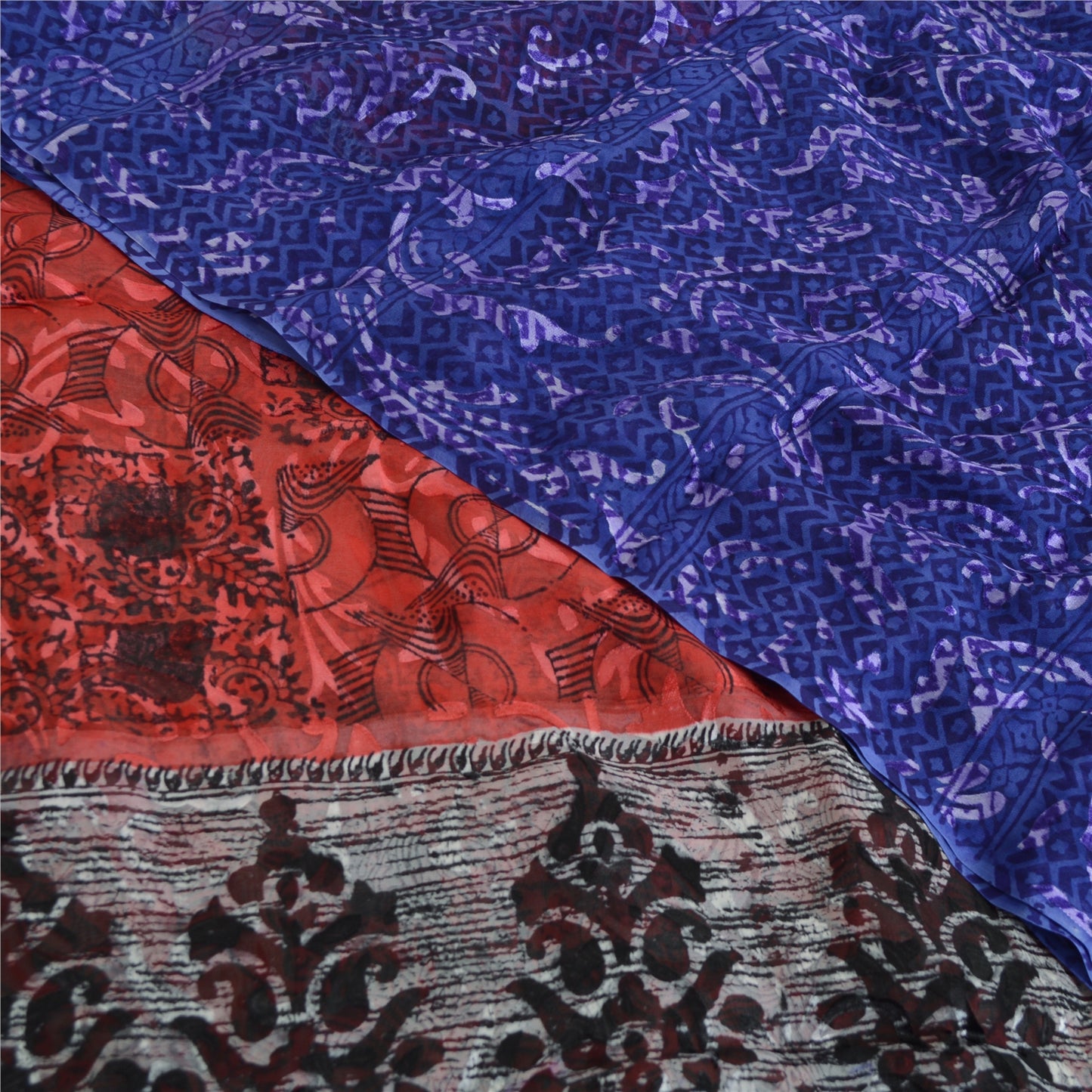 Sanskriti Vintage Red & Blue Sarees Print Pure Georgette Silk Sari Craft Fabric