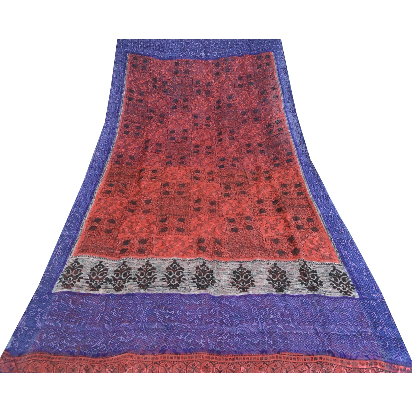 Sanskriti Vintage Red & Blue Sarees Print Pure Georgette Silk Sari Craft Fabric
