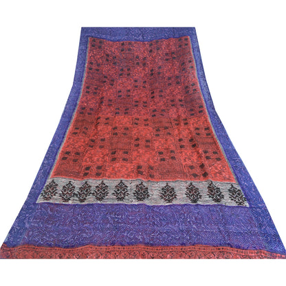 Sanskriti Vintage Red & Blue Sarees Print Pure Georgette Silk Sari Craft Fabric