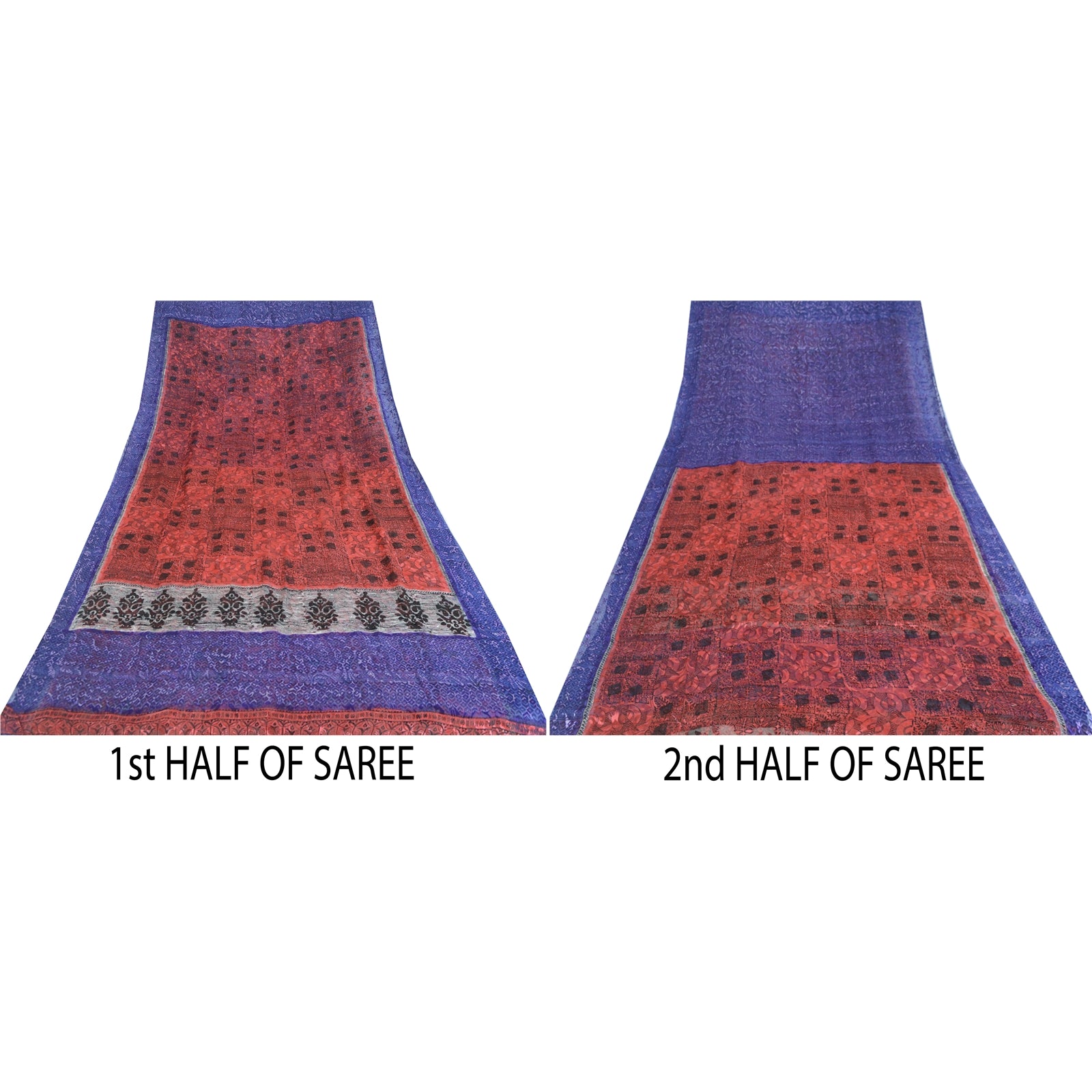 Sanskriti Vintage Red & Blue Sarees Print Pure Georgette Silk Sari Craft Fabric