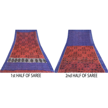 Sanskriti Vintage Red & Blue Sarees Print Pure Georgette Silk Sari Craft Fabric