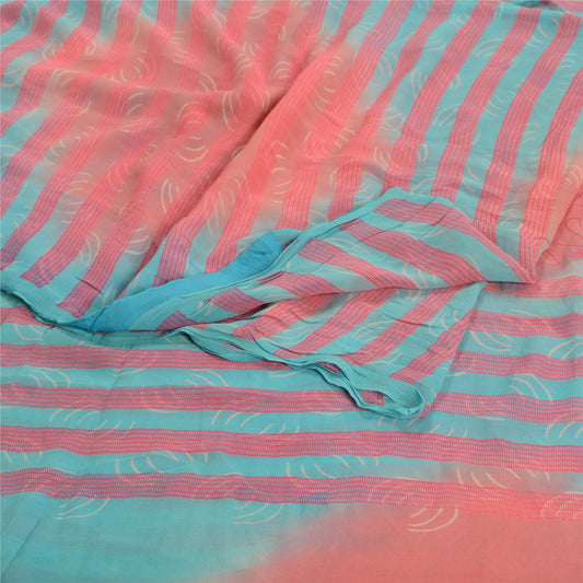 Sanskriti Vintage Blue Indian Printed Sarees Pure Georgette Silk Sari 5yd Fabric