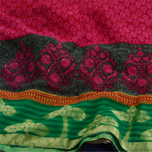 Sanskriti Vintage Hot Pink Woven Print Sarees Blend Georgette Sari Craft Fabric