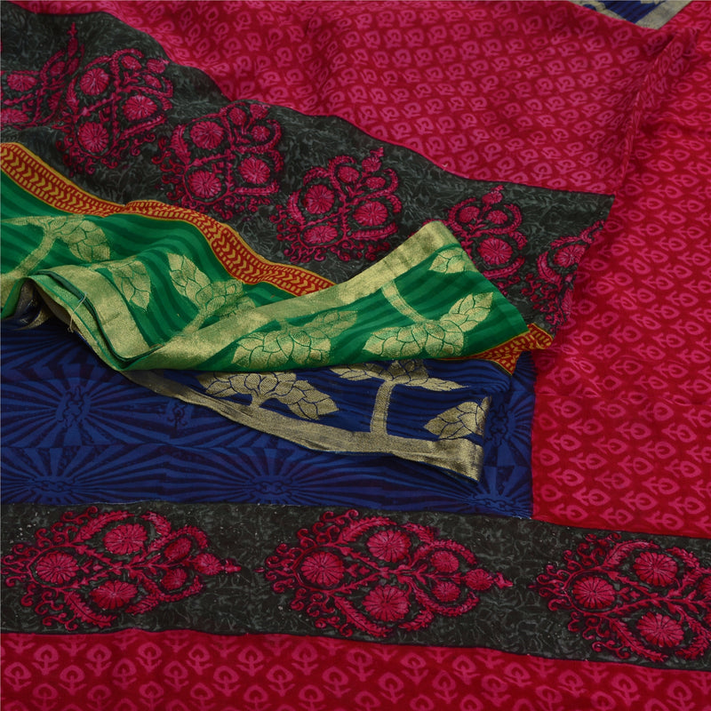 Sanskriti Vintage Sari Blend Georgette Hot Pink Woven Printed Sarees 5 Yd Craft Fabric Create-Floral Dresses, Kaftans, Skirts, Tops