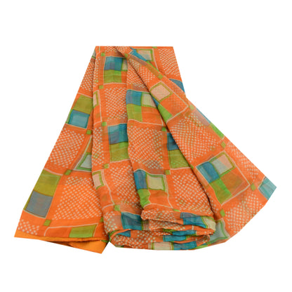 Sanskriti Vintage Orange Sarees Pure Georgette Silk Sari Printed Craft Sustainable Fabric
