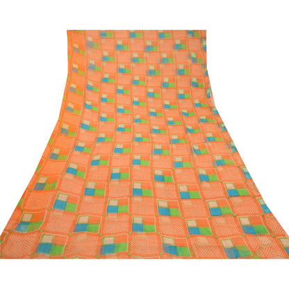 Sanskriti Vintage Orange Sarees Pure Georgette Silk Sari Printed Craft Sustainable Fabric