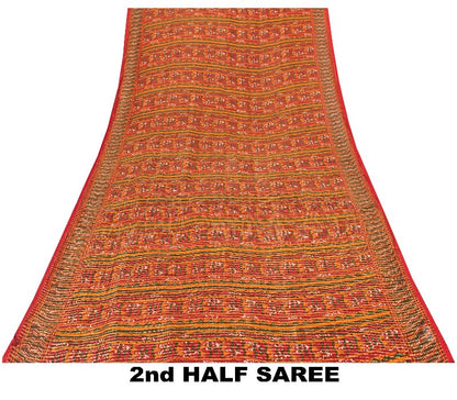 Sanskriti Vintage Red Indian Sarees Blend Georgette Sari Printed Woven Sustainable Fabric