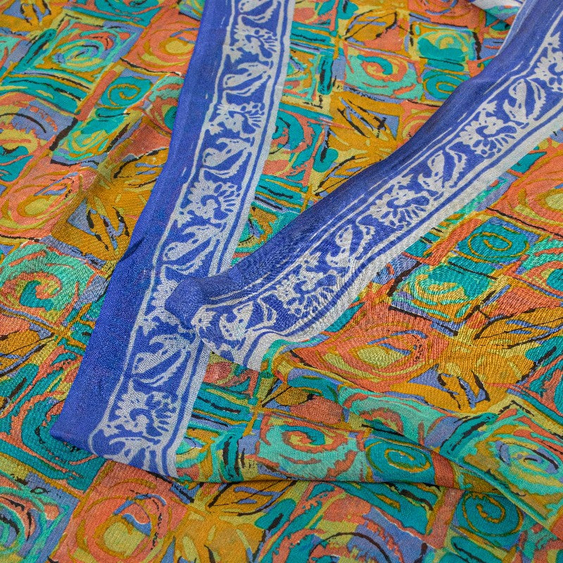 Sanskriti Vintage Multi Sarees Pure Georgette Silk Sari Printed 5yd Craft Sustainable Fabric