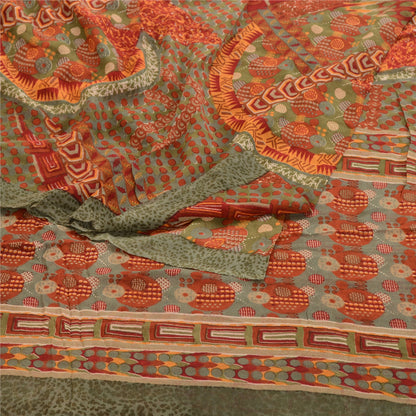 Sanskriti Vintage Red Sarees Pure Georgette Silk Sari Printed 5yd Craft Sustainable Fabric