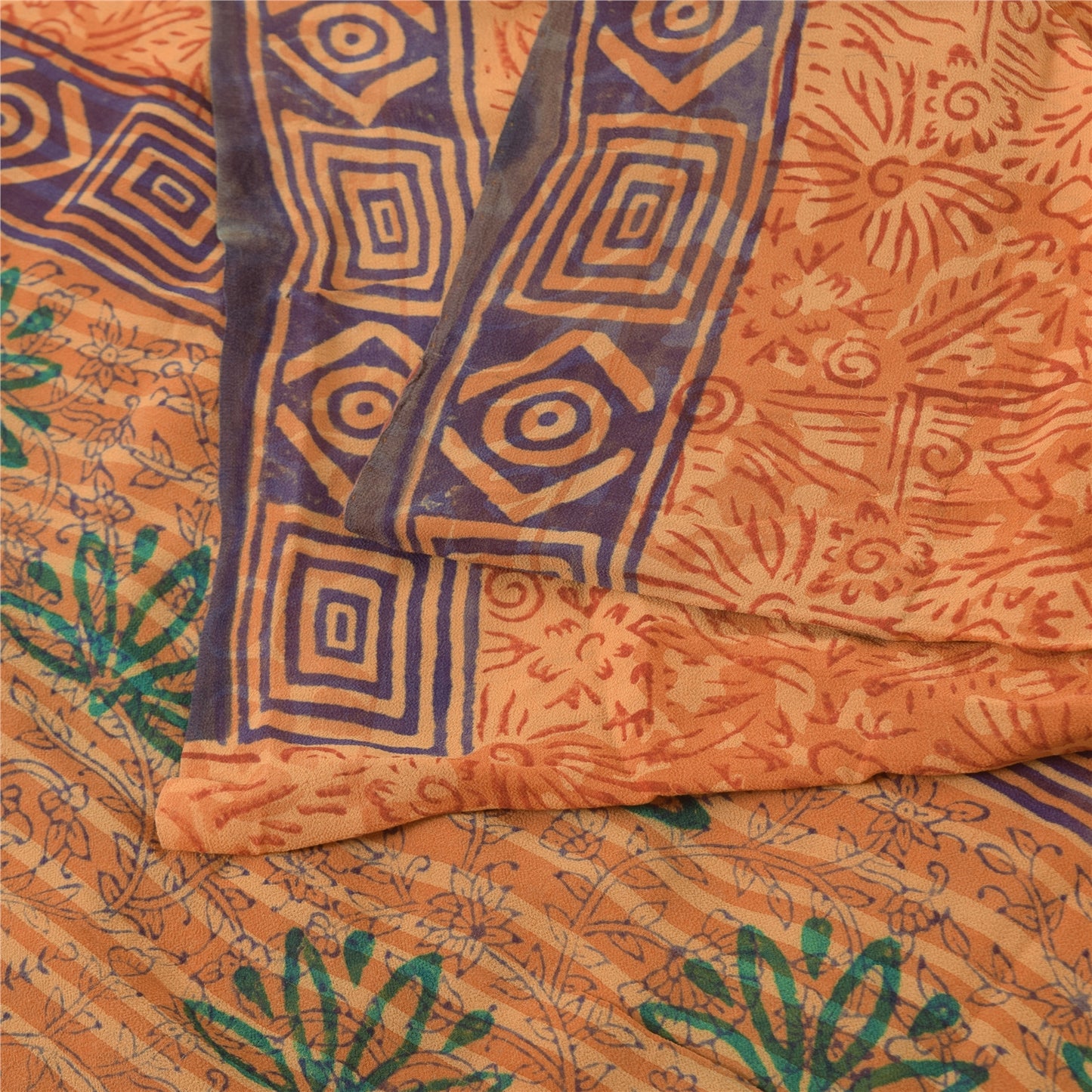 Sanskriti Vintage Orange Sarees Pure Georgette Silk Print Sari 5yd Craft Fabric