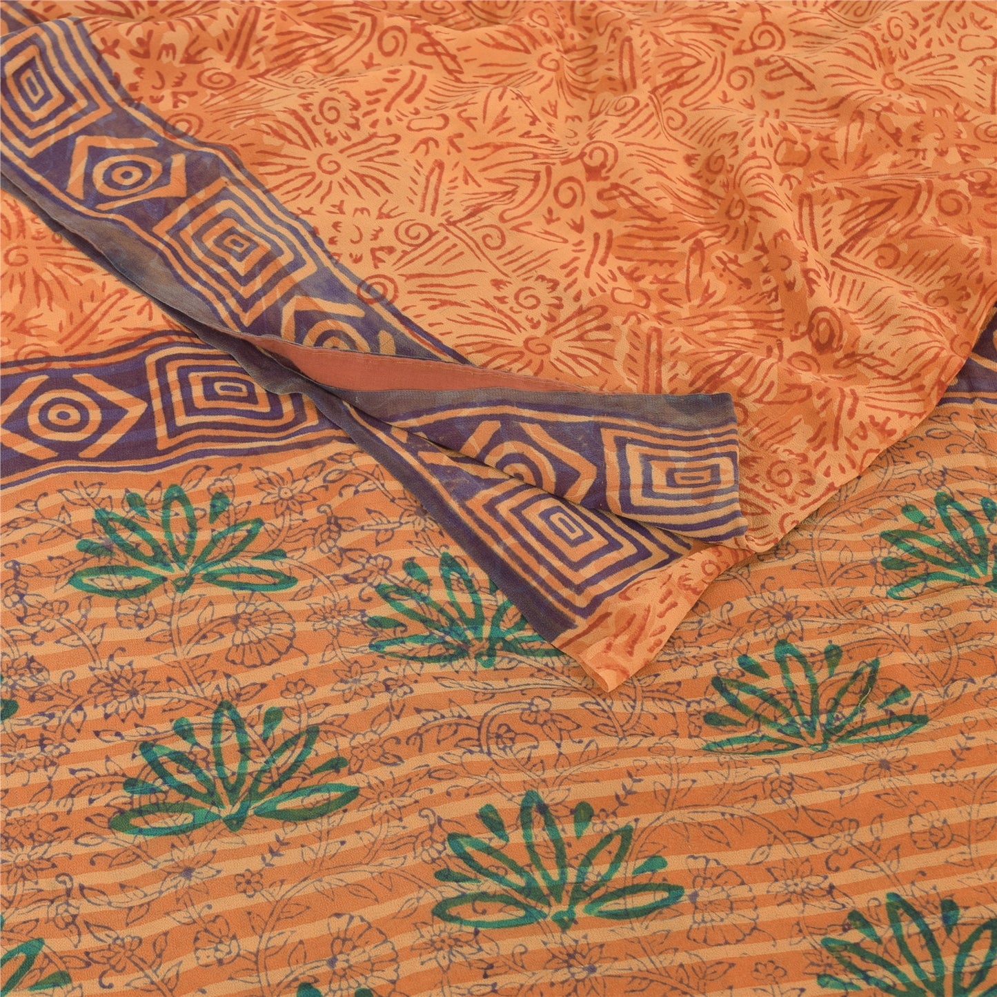 Sanskriti Vintage Orange Sarees Pure Georgette Silk Print Sari 5yd Craft Fabric