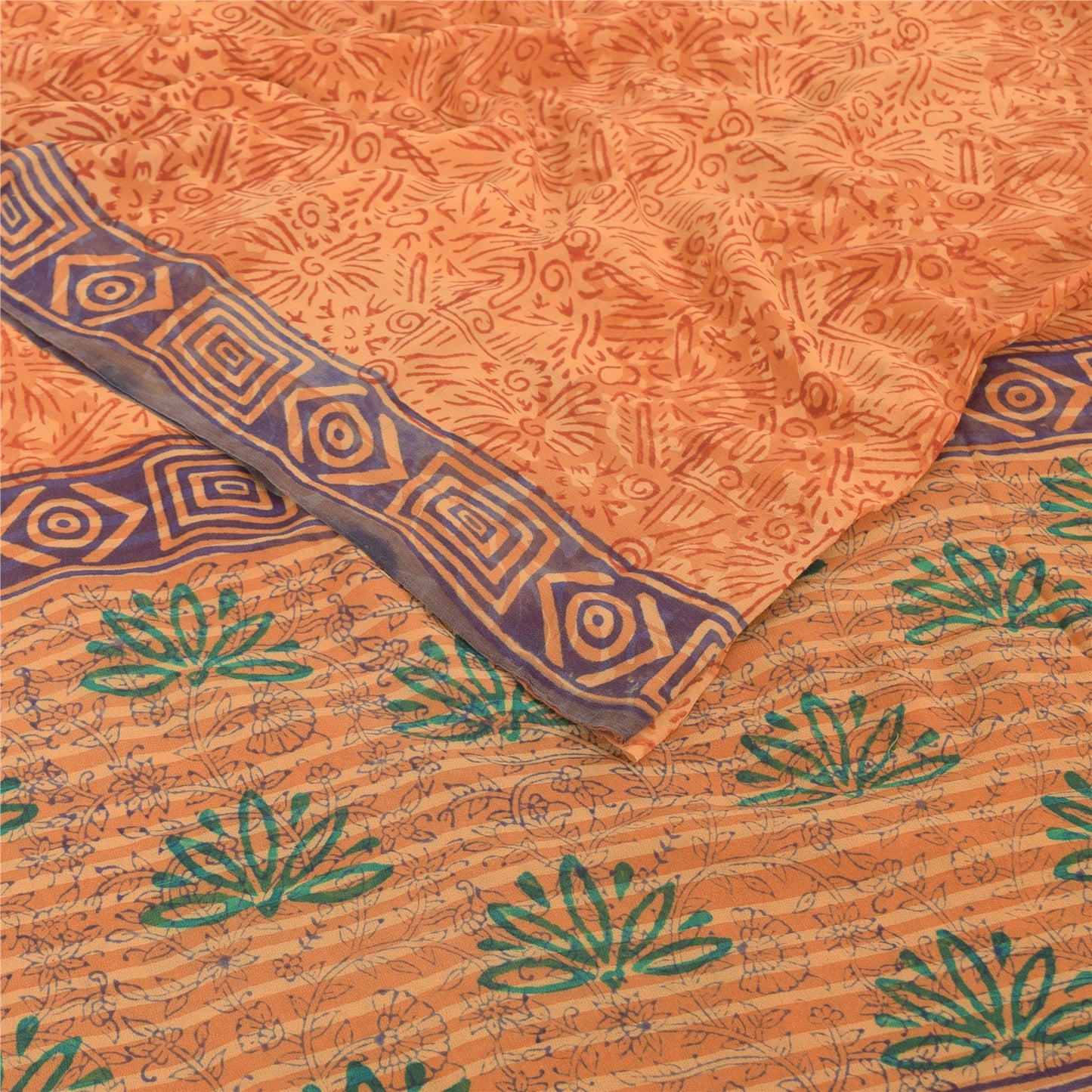 Sanskriti Vintage Orange Sarees Pure Georgette Silk Print Sari 5yd Craft Fabric