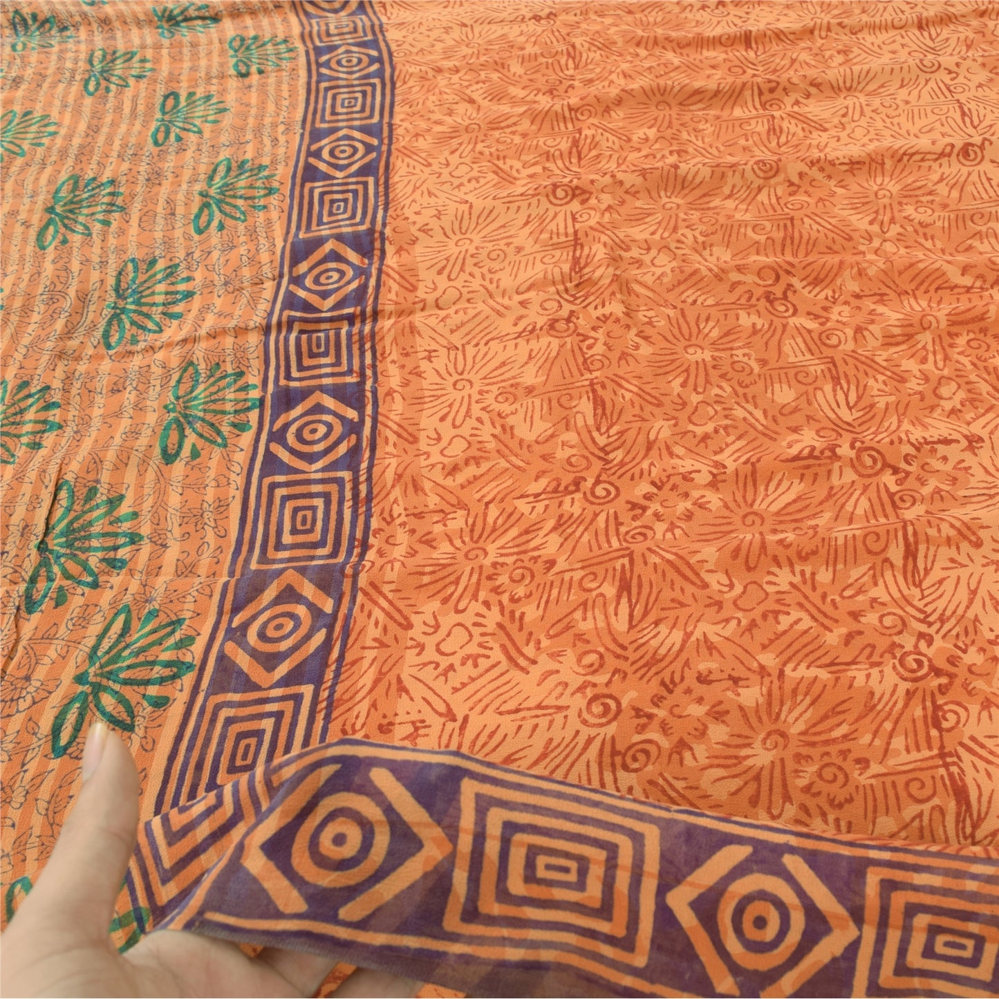 Sanskriti Vintage Orange Sarees Pure Georgette Silk Print Sari 5yd Craft Fabric