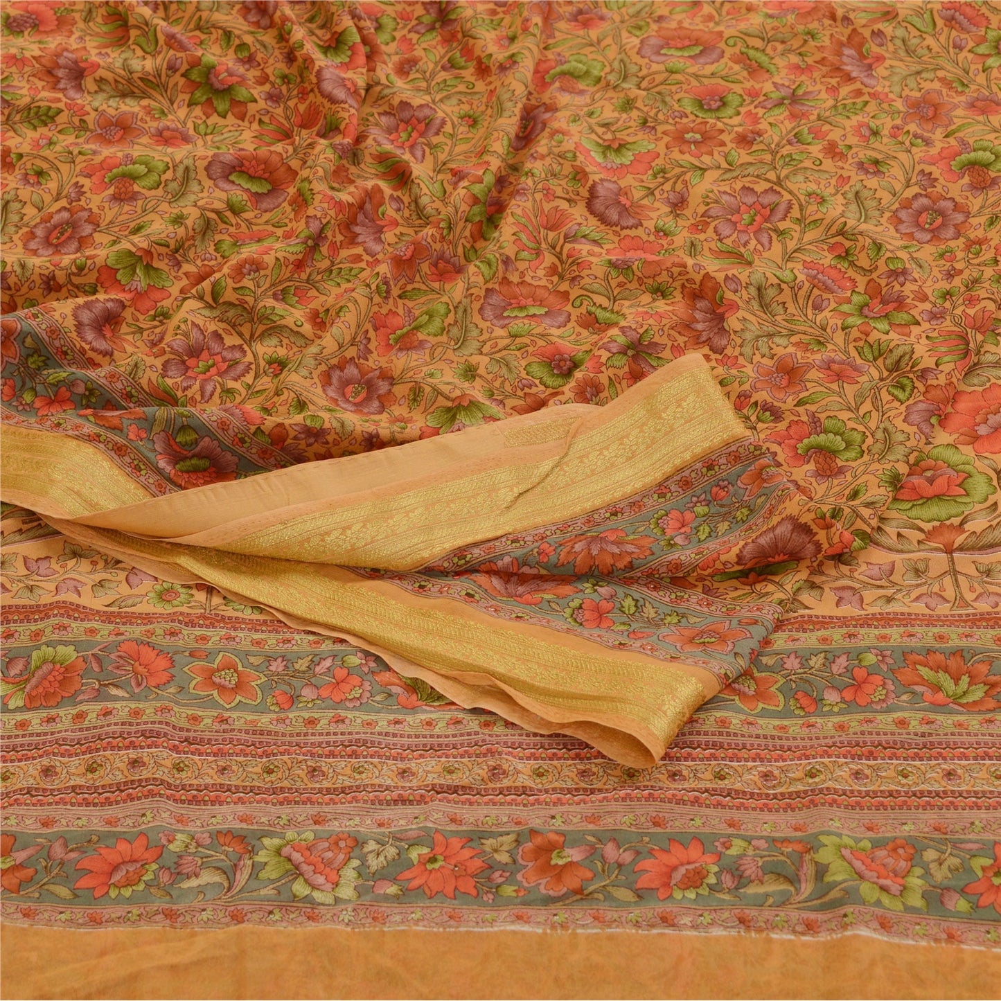 Sanskriti Vintage Brown Printed Sarees Georgette Zari Border Sari Craft Sustainable Fabric