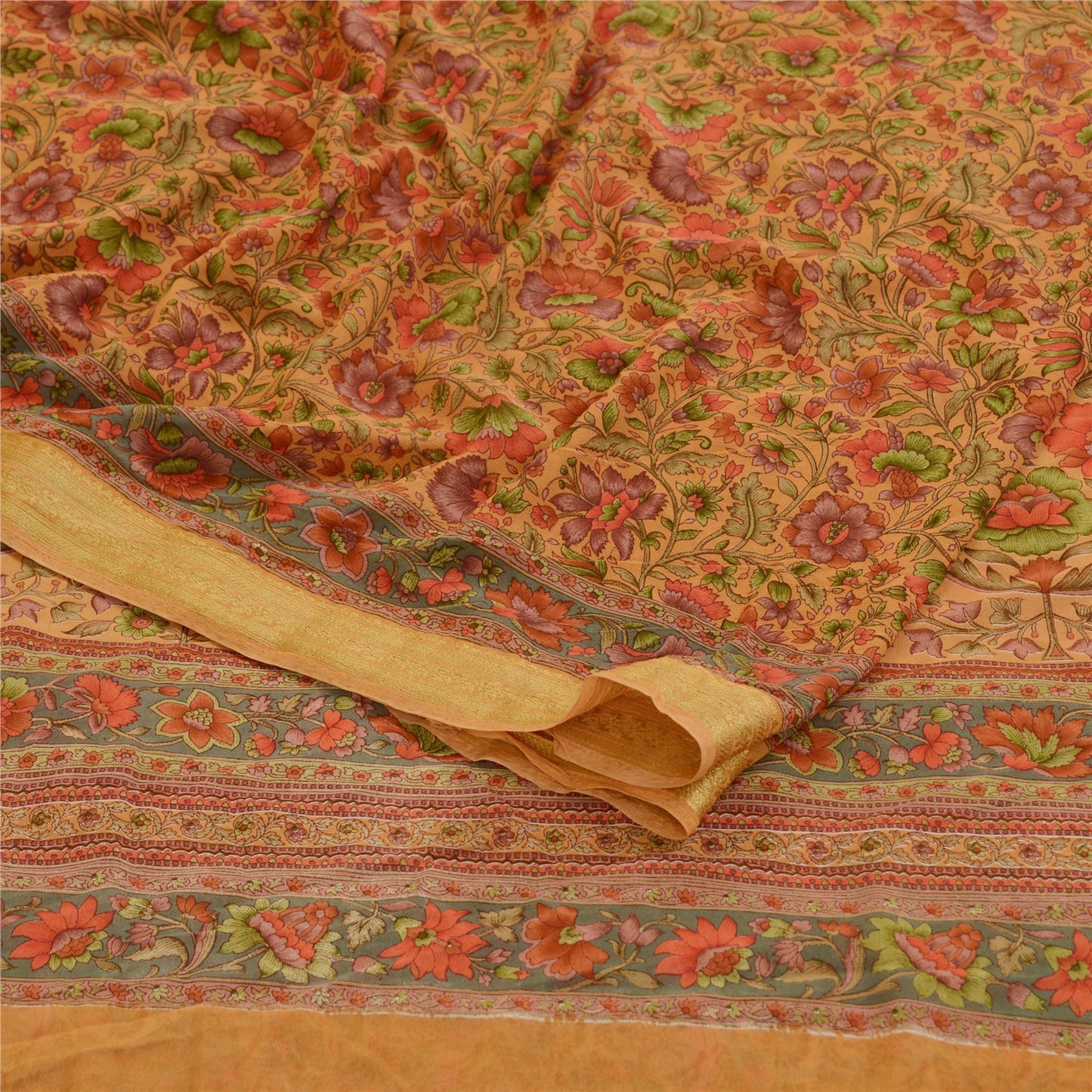Sanskriti Vintage Brown Printed Sarees Georgette Zari Border Sari Craft Sustainable Fabric