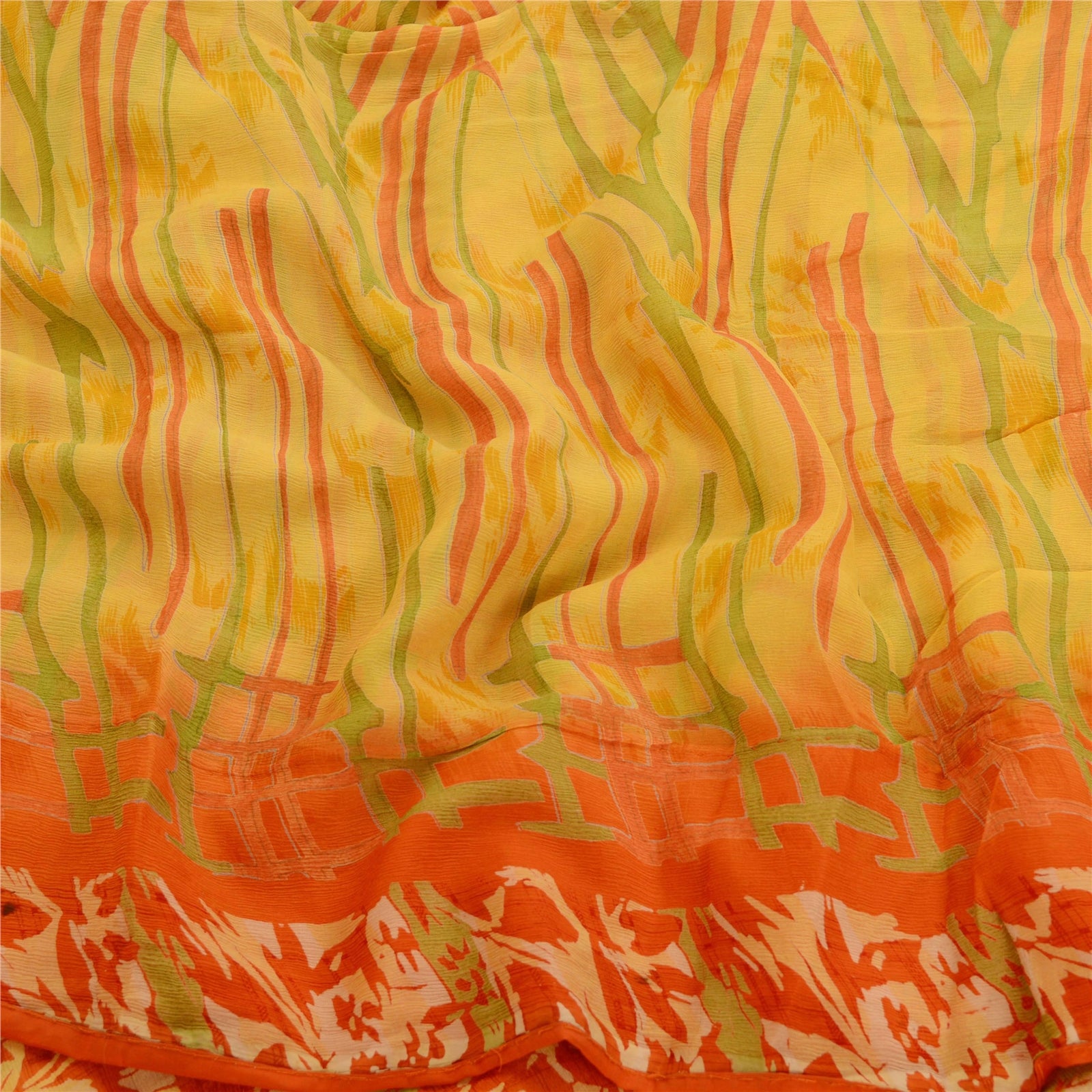 Sanskriti Vintage Yellow Sarees Pure Chiffon Silk Printed Sari 5yd Craft Sustainable Fabric