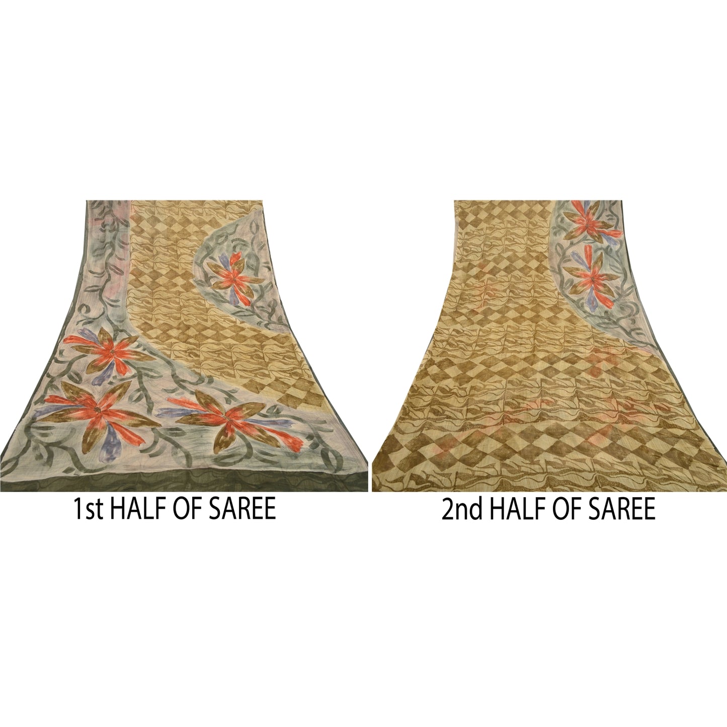 Sanskriti Vintage Green Sarees Blend Georgette Printed Sari Soft Craft Sustainable Fabric