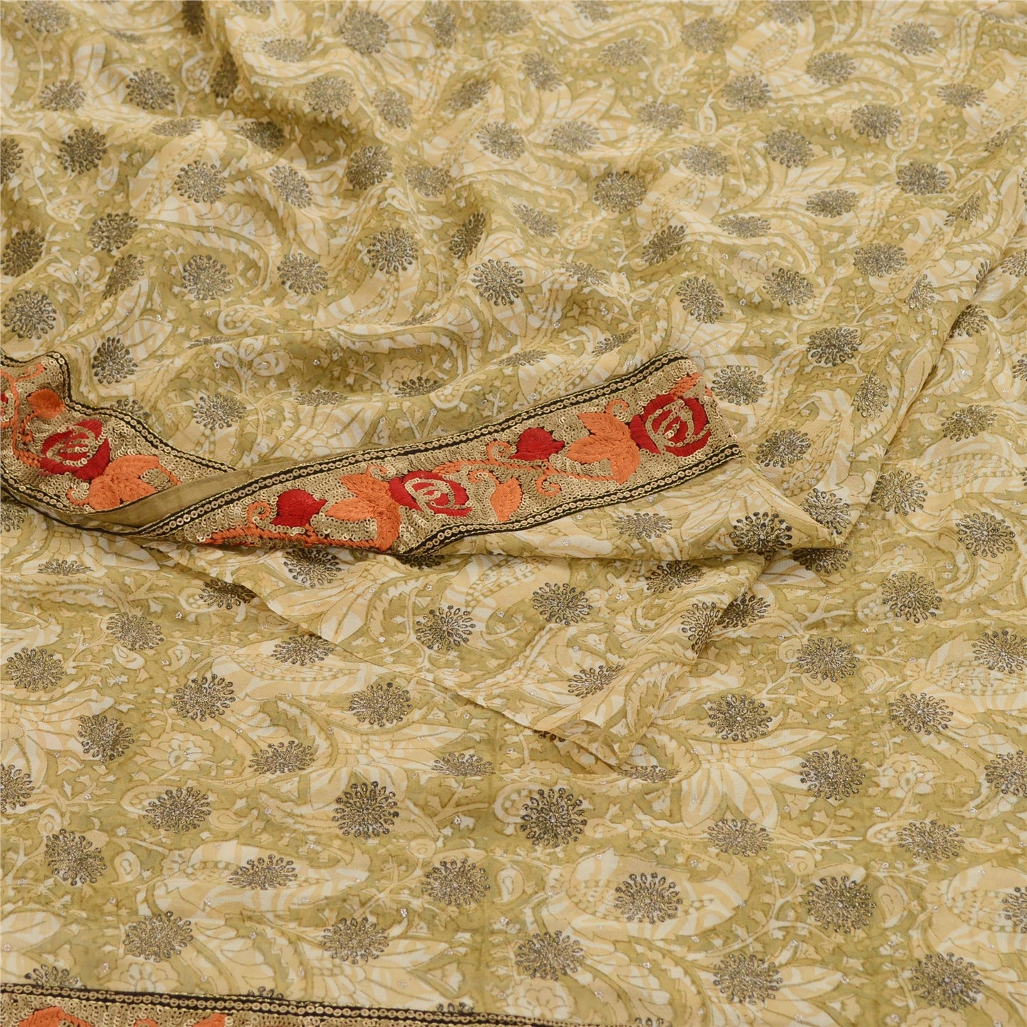 Сари Sanskriti Vintage Green Sparkle Sarees Pure Georgette Silk Print Sari 5yd Sustainable Fabric