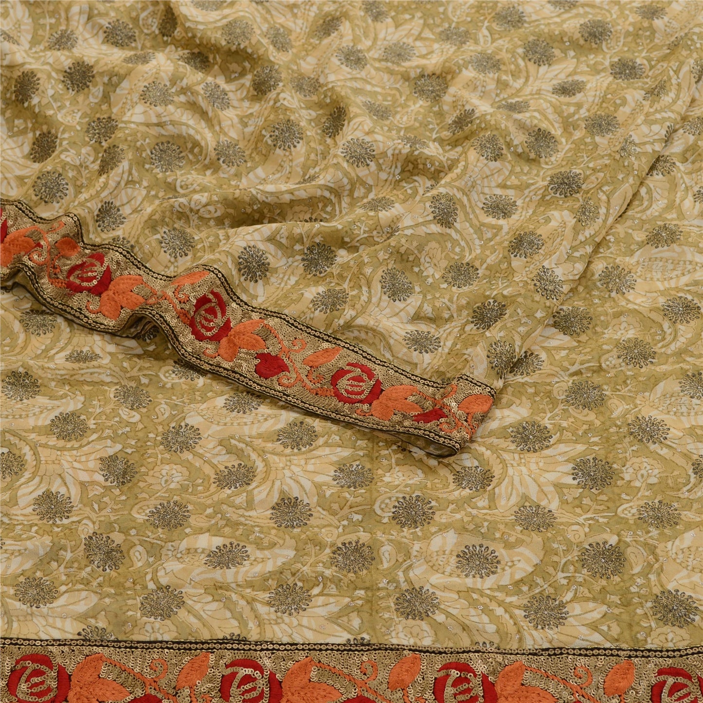 Сари Sanskriti Vintage Green Sparkle Sarees Pure Georgette Silk Print Sari 5yd Sustainable Fabric