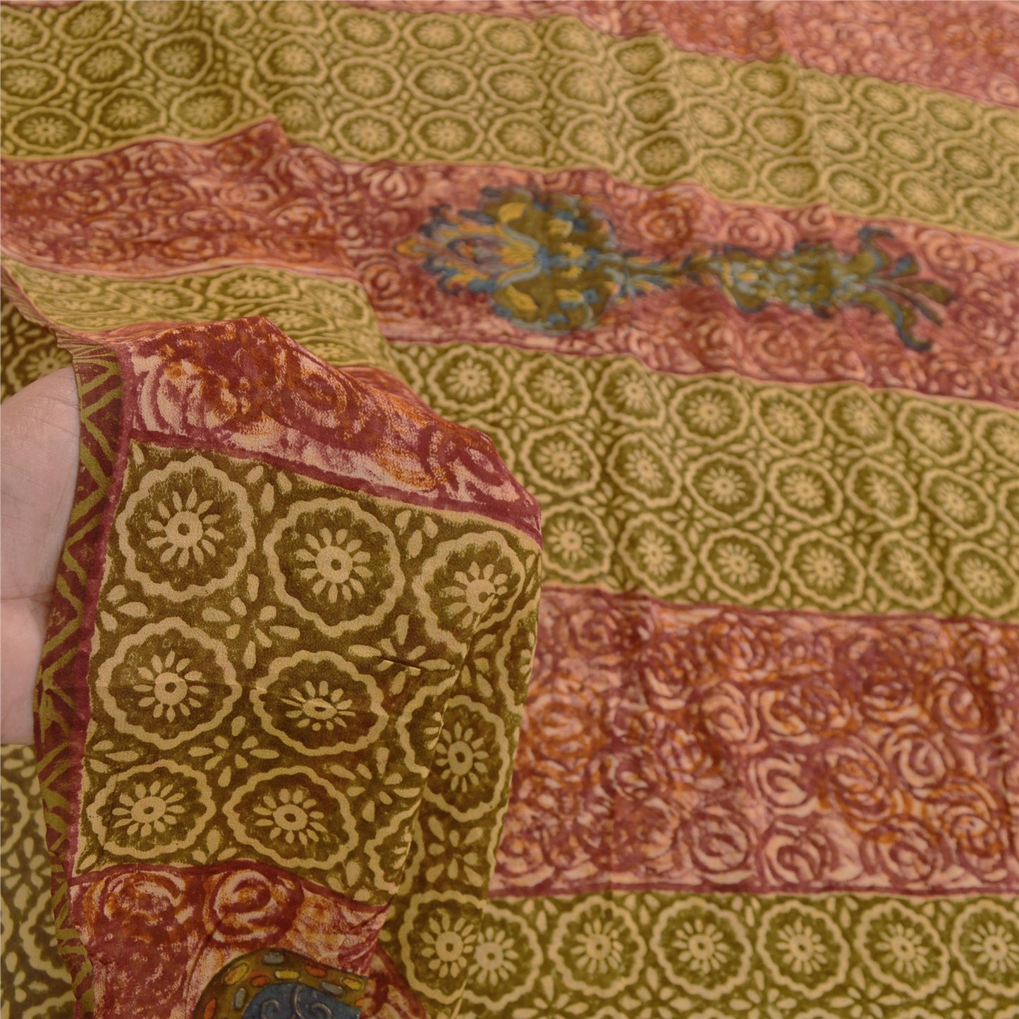 Sanskriti Vintage Grønne Sarier Ren Georgette Silke Trykt Sari 5yd Håndværk Bæredygtigt Stoff