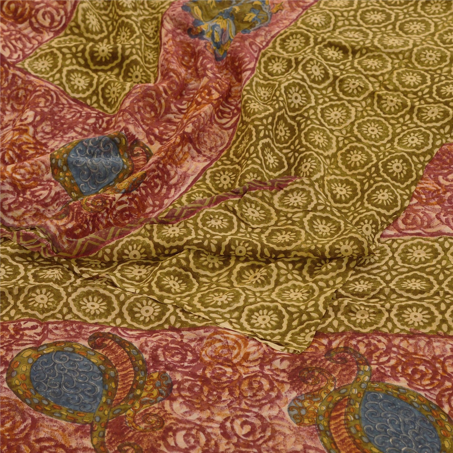 Sanskriti Vintage Grønne Sarier Ren Georgette Silke Trykt Sari 5yd Håndværk Bæredygtigt Stoff