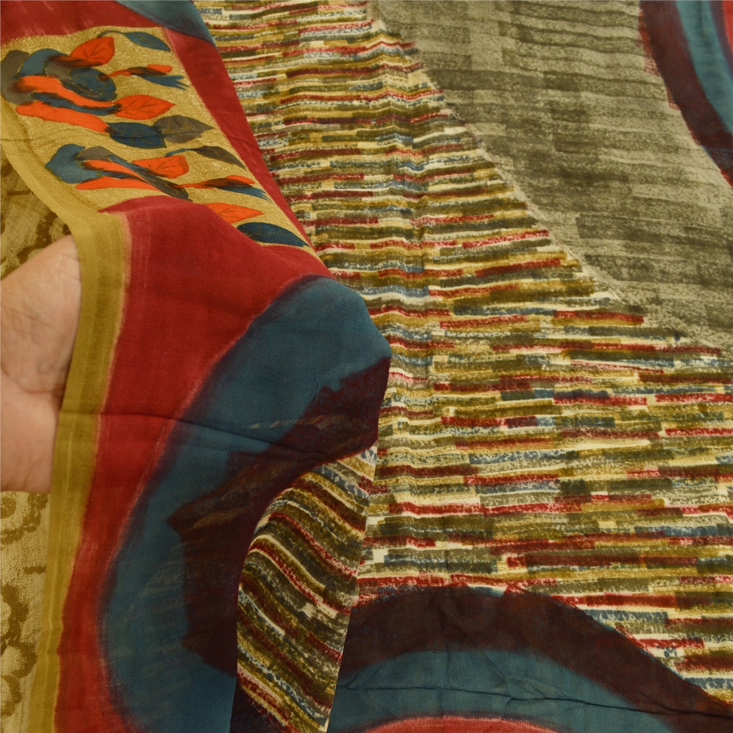 Sanskriti Vintage Green Sarees Pure Georgette Silk Printed Sari 5yd Craft Sustainable Fabric