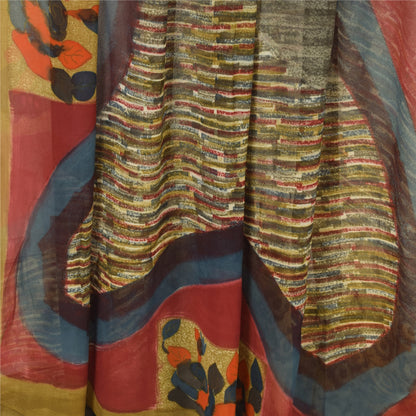 Sanskriti Vintage Green Sarees Pure Georgette Silk Printed Sari 5yd Craft Sustainable Fabric