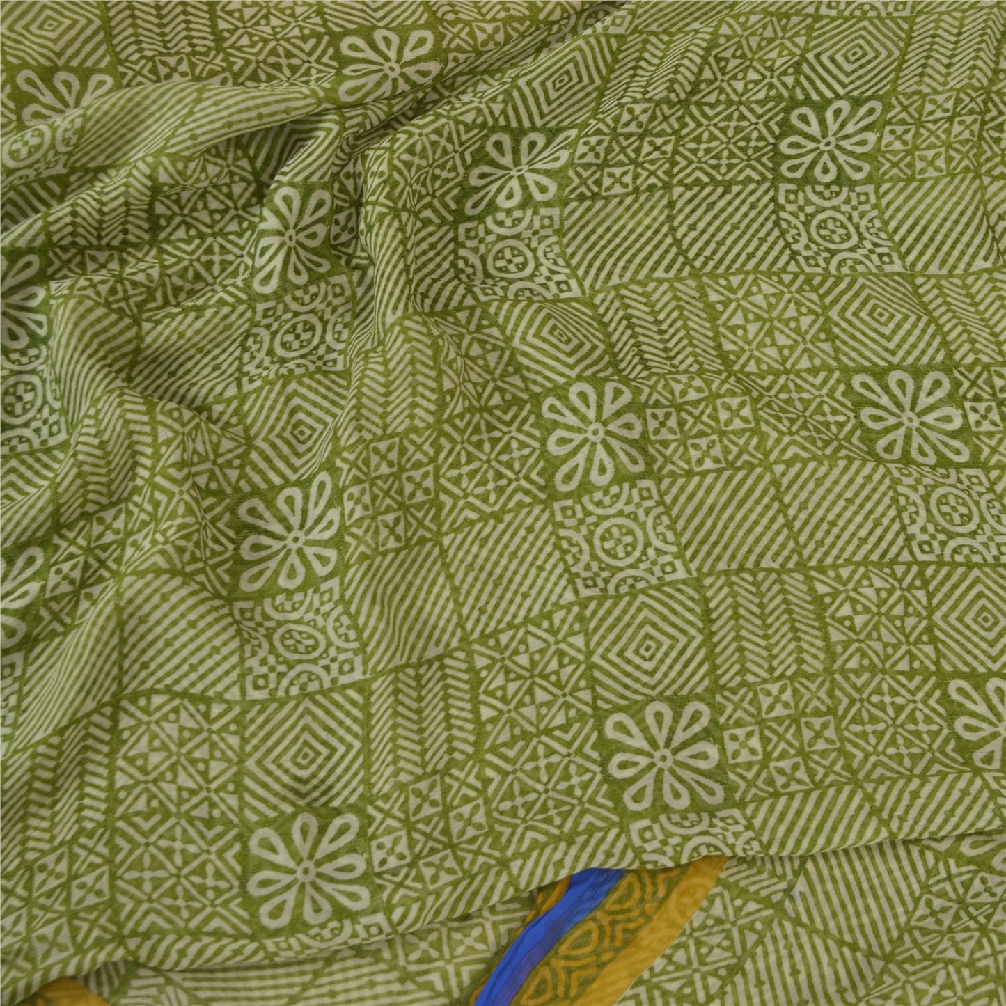 Sanskriti Vintage Blend Chiffon Green Printed Sarees 5Yd Craft Fabric Recycled For Quilting Felting, Home Decor upholstery fabric
