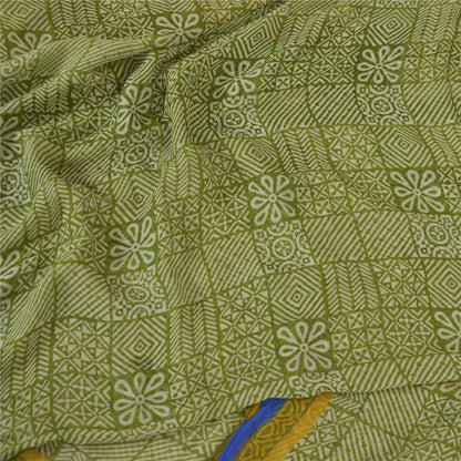 Sanskriti Vintage Blend Chiffon Green Printed Sarees 5Yd Craft Fabric Recycled For Quilting Felting, Home Decor upholstery fabric