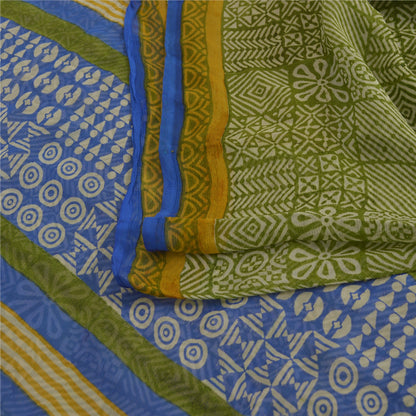 Sanskriti Vintage Blend Chiffon Green Printed Sarees 5Yd Craft Fabric Recycled For Quilting Felting, Home Decor upholstery fabric